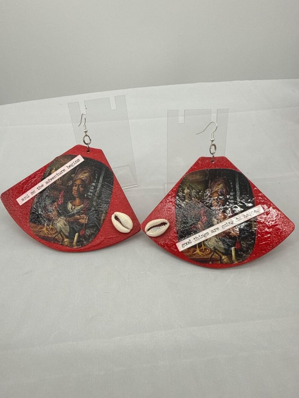 Voodoo Queen Marie Laveau Cowrie Shell Fan Dangle Earrings Handcrafted Red Afro